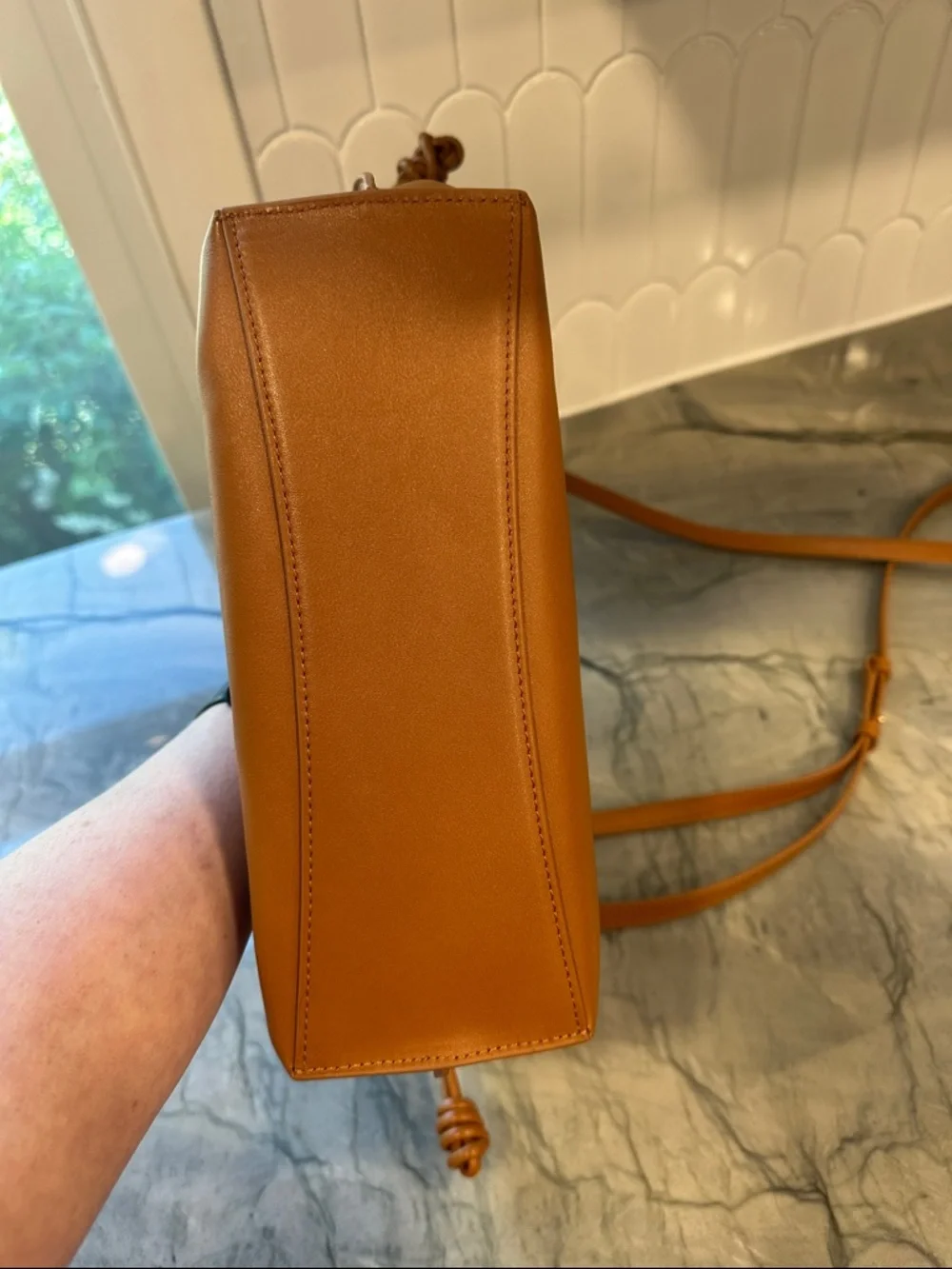 Quince Italian Leather Drawstring Pouch Crossbody Bag in Cognac - Picture 10 of 16